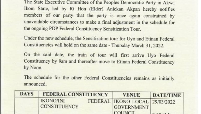 FINAL ADJUSTMENT IN SCHEDULE FOR PDP FEDERAL CONSTITUENCY SENSITIZATION TOUR